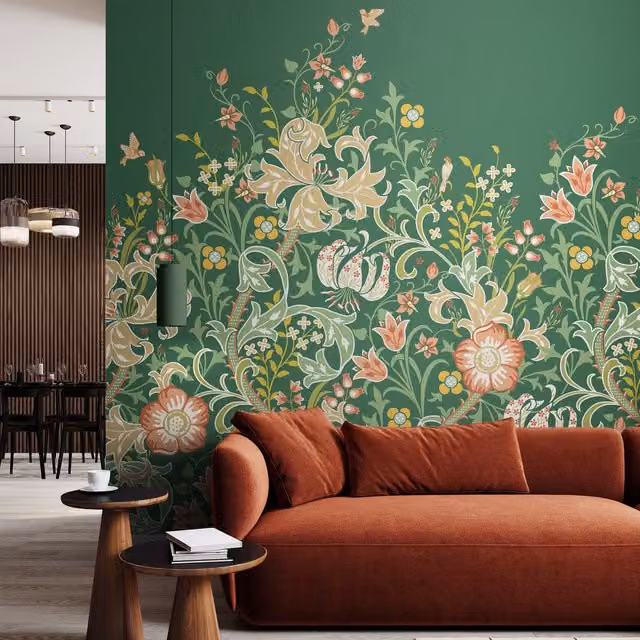 Origin Murals Trailing Lily Art Nouveau Floral Wall Mural in Forest Green, 350cm