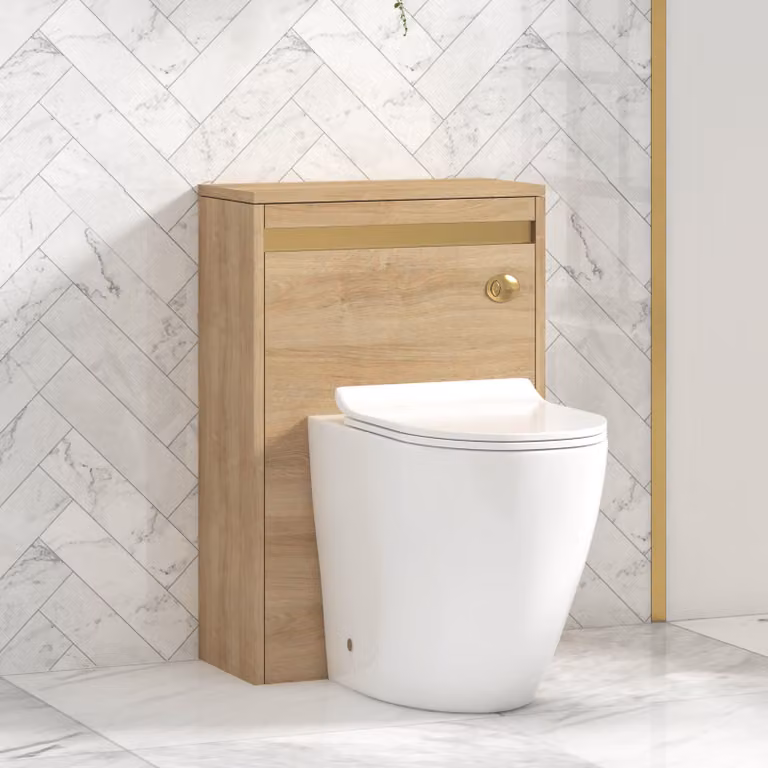 Royal Bathrooms Orion 540mm Natural Oak BTW WC Unit with Elva Rimless Short Projection Ceramic Toilet Pan, Slim Seat and Cistern with Brushed Brass Accent Trim