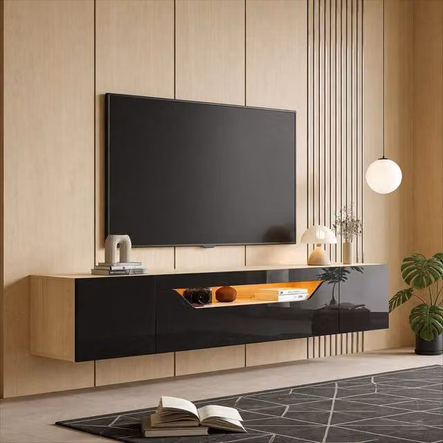 BTM Black High Gloss Floating Wall Mounted TV Stand with LED, W: 180 cm, D: 37 cm, H: 37 cm – 1