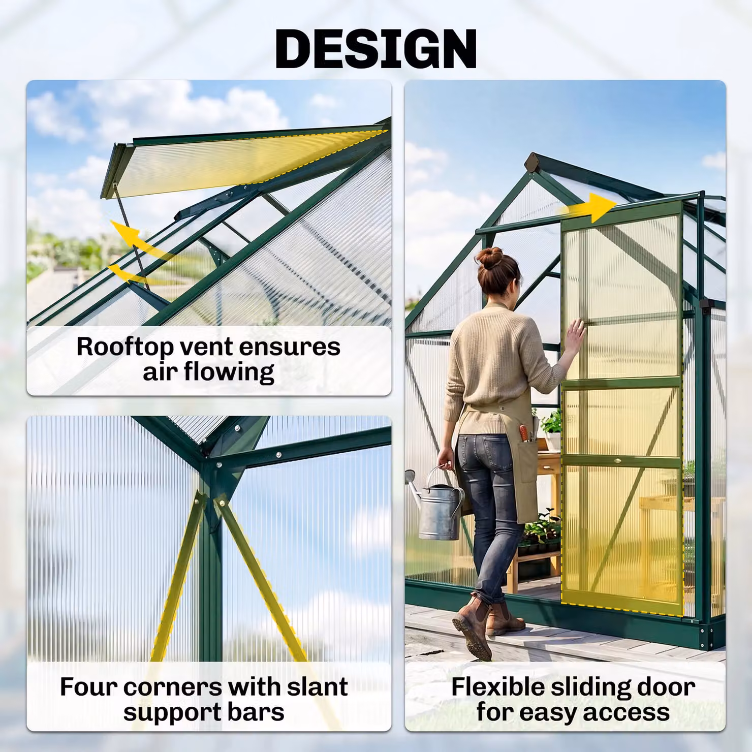 Outsunny Walk-In Polycarbonate Greenhouse with Green Aluminium Frame – 4