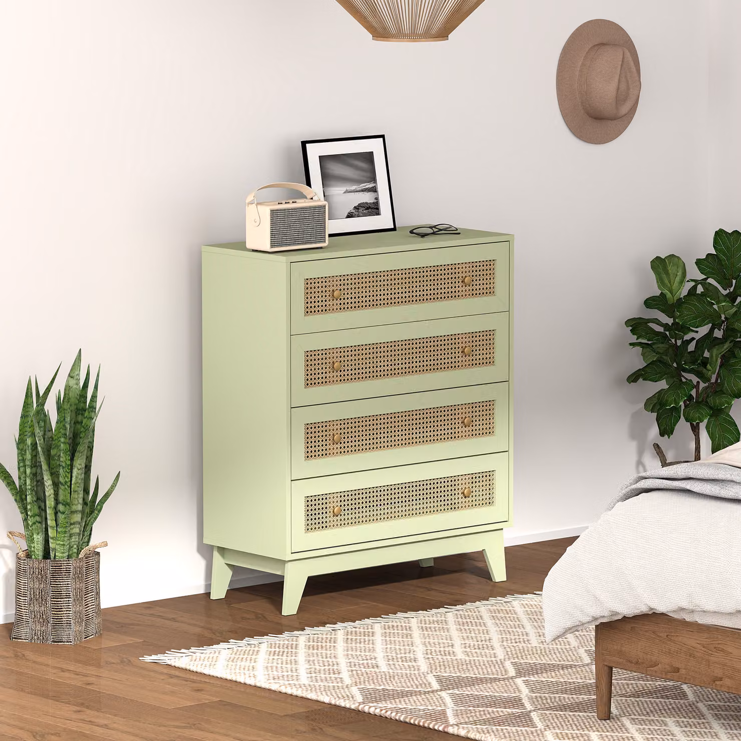 HOMCOM 4-Drawer Chest of Drawers with Rattan Element in Light Green – 2