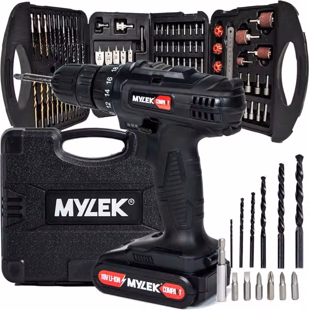 Mylek Cordless Drill Set with 131 Piece Accessory Kit and Case - Black
