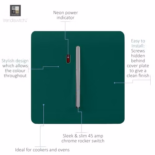 Trendi Switch Modern Glossy Double Pole Raised Profile 20 A 240V Tactile Chrome Single Switch with Neon Insert in Dark Forest Green – 2