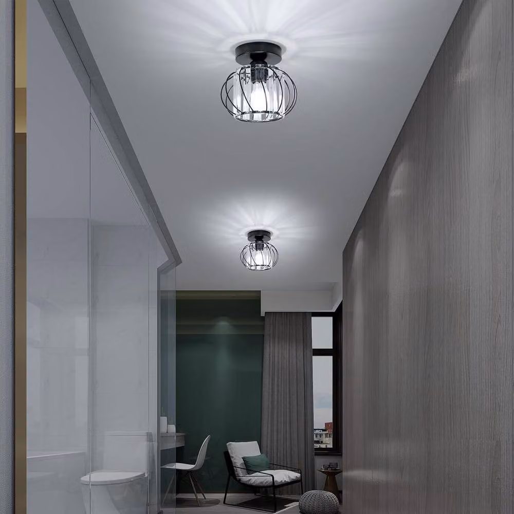 Goeco Modern Crystal Ceiling Light with Black Metal Cage Lampshade – 4