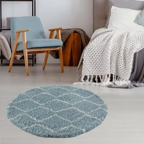 THE RUGS Modern Moroccan Boho Design Round Rug for Living Room and Bedroom, Duck Egg Blue and Ivory, Diameter: 120 cm