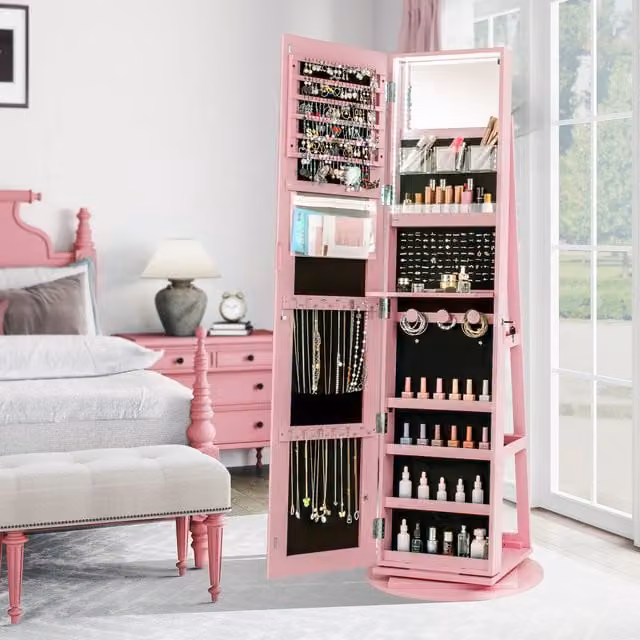 Costway 360 Rotating Standing Jewelry and Makeup Armoire with LED Lighting and Lock in Pink – 1