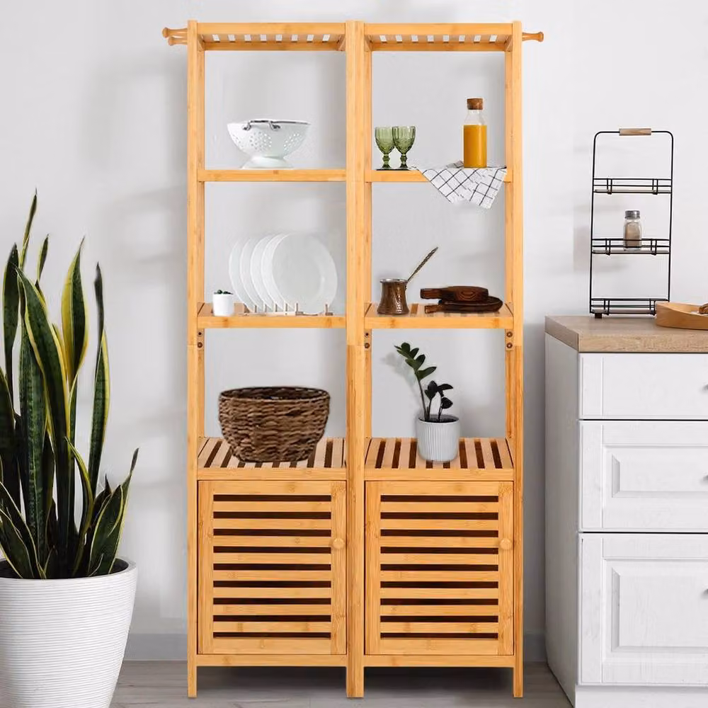 KORVIXA Brown Bamboo Freestanding Bathroom Storage Floor Cabinet, W/D/H: 90 x 40 x 140 cm – 2