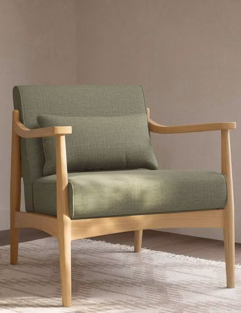 M&S Sherwood Mid-Century Accent Chair in Green Chenille with Light Oak Solid Wood Frame
