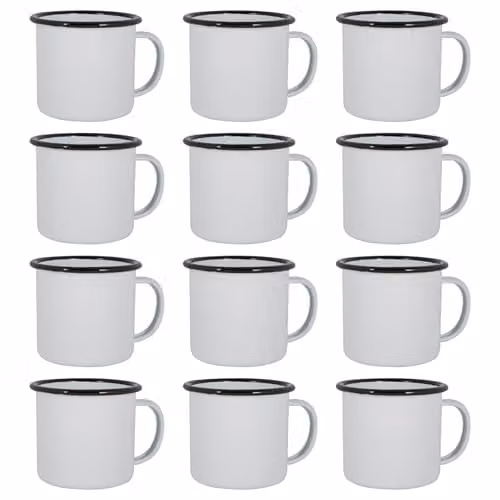 Argon Tableware Black and White Enamel Mugs, 375ml, Set of 12