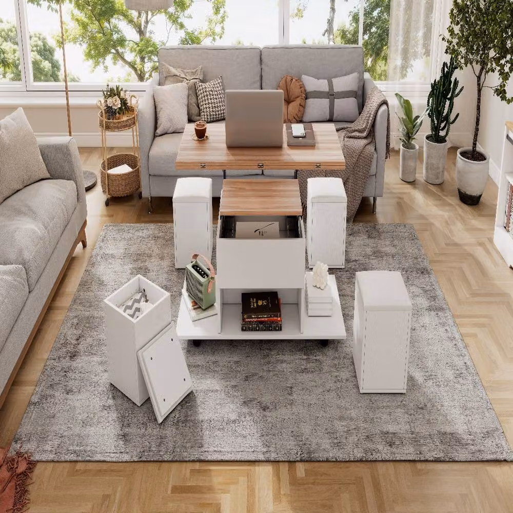 Rolipo White Modern Wood Lift Top Coffee Table with Storage and 4 Chairs – 2