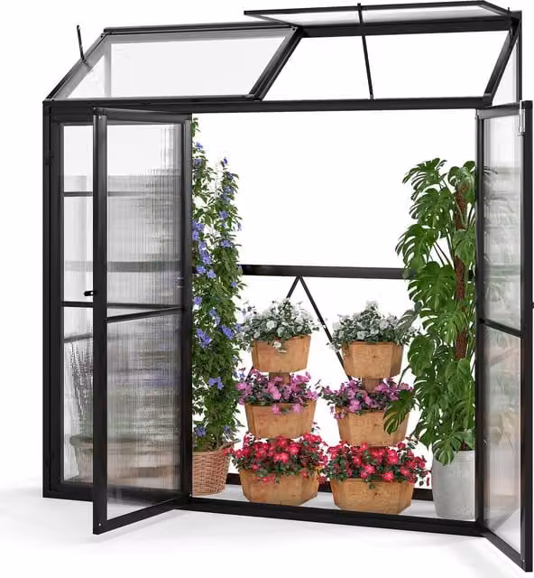 COSTWAY Black Walk-in Outdoor Greenhouse with Polycarbonate Panels and Aluminium Frame