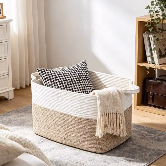 Kelvenix Large Cotton Rope Laundry Basket with Handles, Brown, 65L