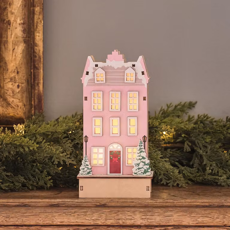 Lights4fun Pink Pre Lit Wooden Tabletop House Christmas Scene
