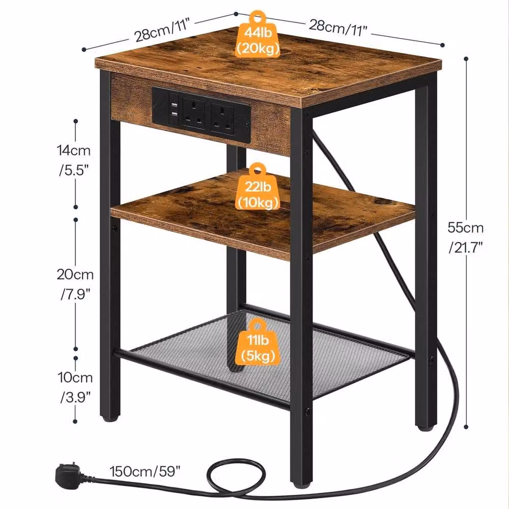FORGEVIO Brown Rustic Side Table with Charging Station, W/D/H: 38 x 28 x 55 cm – 2