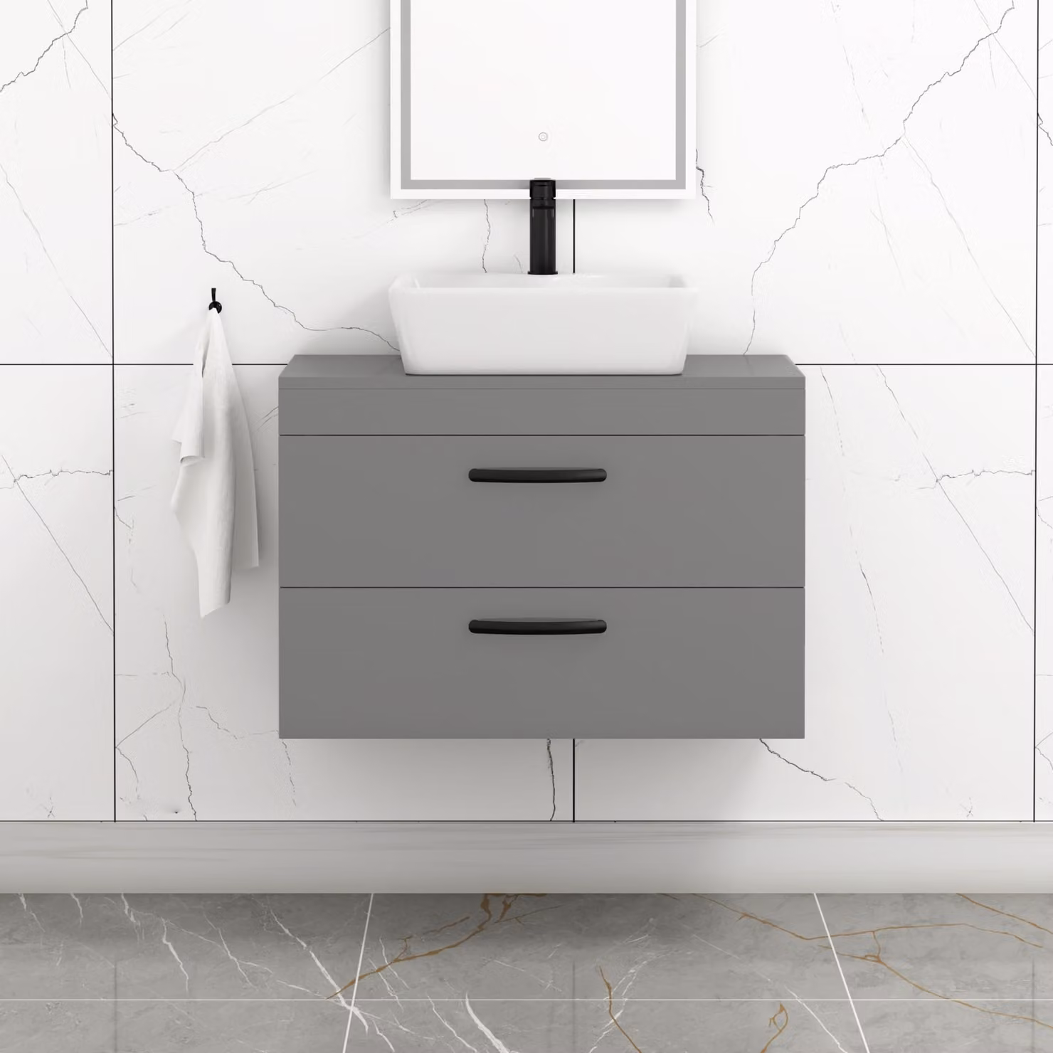 Royal Bathrooms 800mm Wall Hung Vanity Unit with 2 Drawers and Cube Countertop Basin in Indigo Grey Gloss with Matt Black Handles