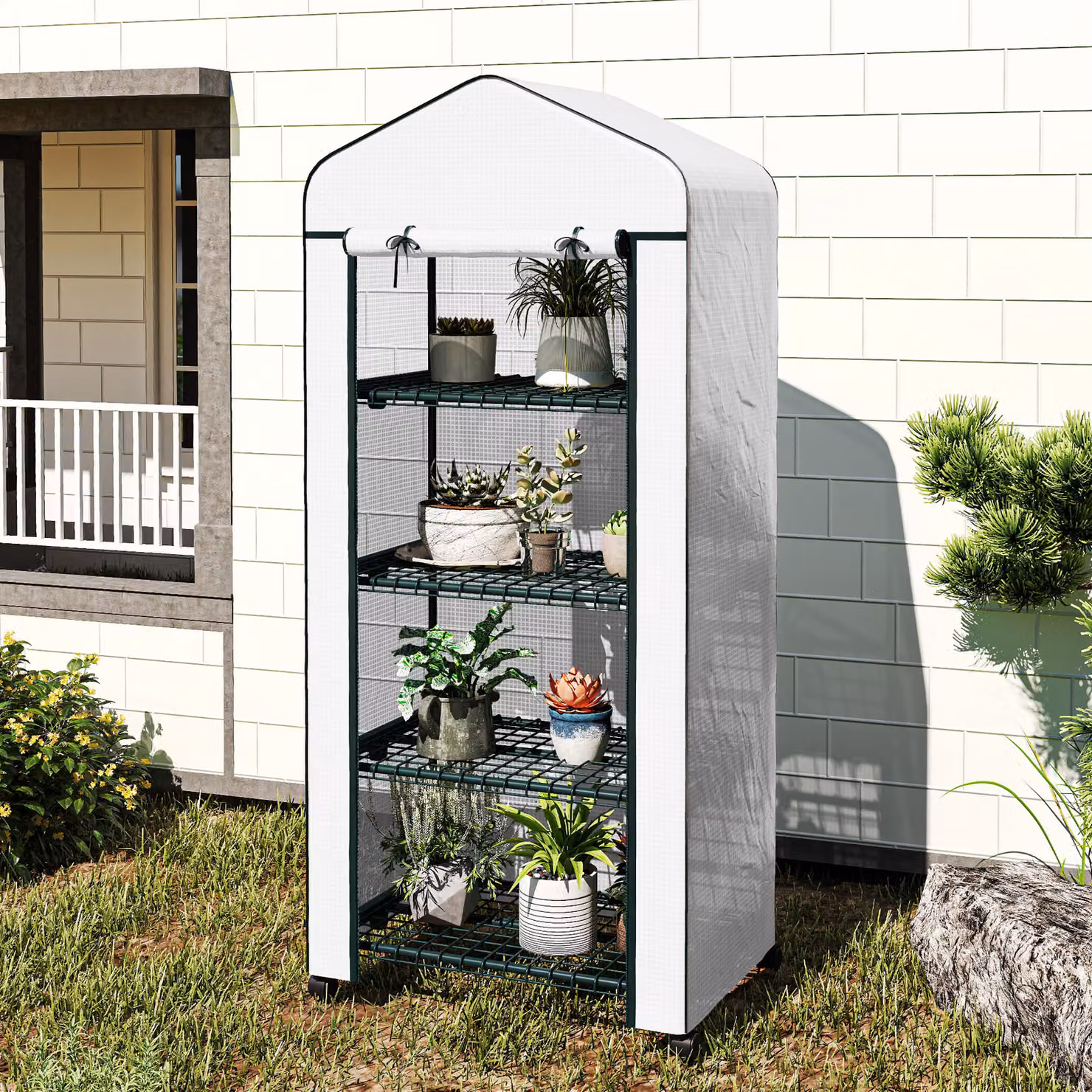 Outsunny 4 Tier Mini Portable Greenhouse with Metal Frame and PE Cover in White – 9