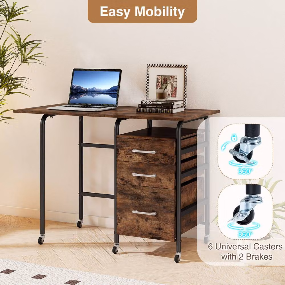 Costway Folding Computer Desk with 3 Drawers in Brown – 6