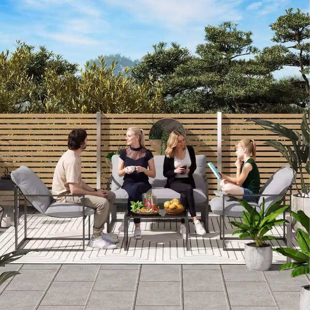 Outsunny Modern Garden Sofa Set with Armchairs, Loveseat and Coffee Table in Light Grey