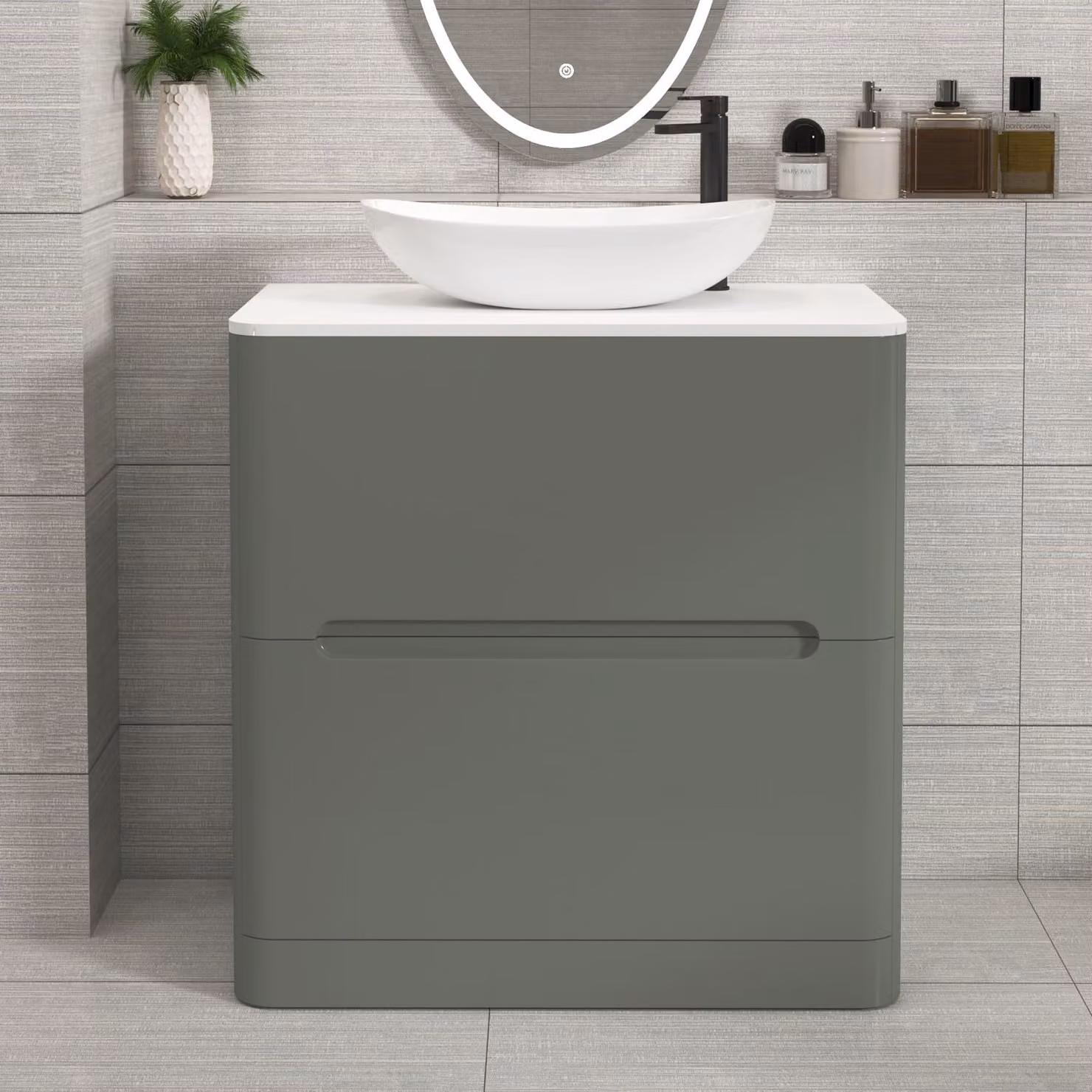 Royal Bathrooms Venice 800mm Sage Green Floor Standing Vanity Unit with 2 Drawers, Plain White Worktop and Cesar Basin