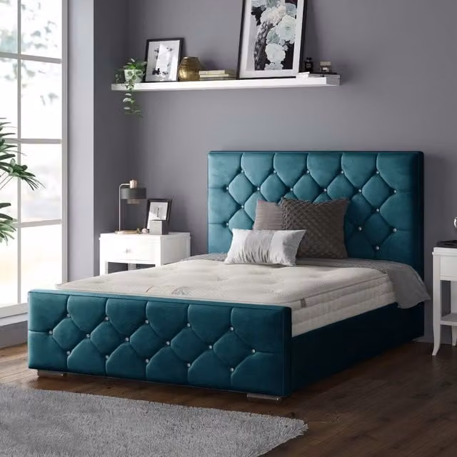 IH Design Chesterfield Upholstered Velvet Bed Frame in Petrol Green, W/D/H: 180 x 200 cm