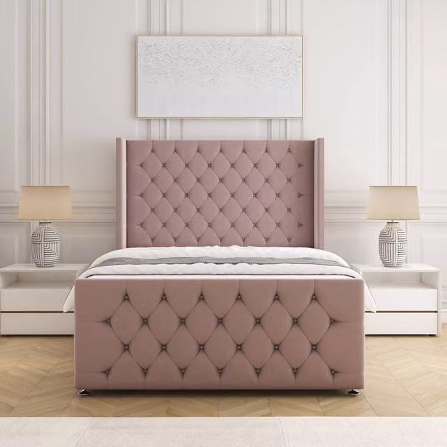 BSSPOKE Florida Velvet Divan Bed with Headboard and Footboard in Pink, Super King, W/D/H: 200 x 200 cm