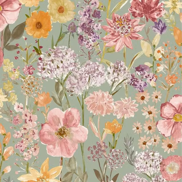 Grandeco Botanical Floral Meadow Wallpaper in Green and Multicolour