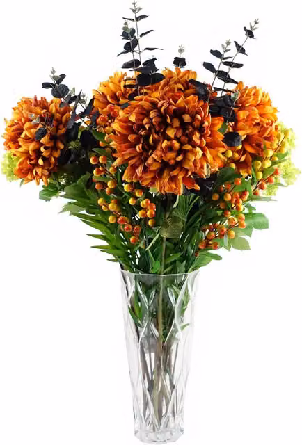 Orange Chrysanthemum Foliage in a Transparent Geometric Glass Vase, W/D/H: 35.0 x 17.0 x 13.0 cm