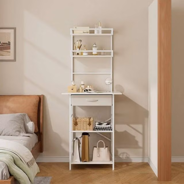 ERGOVEXA Modern White Makeup Desk with Shelving Unit and Drawer for your Bedroom