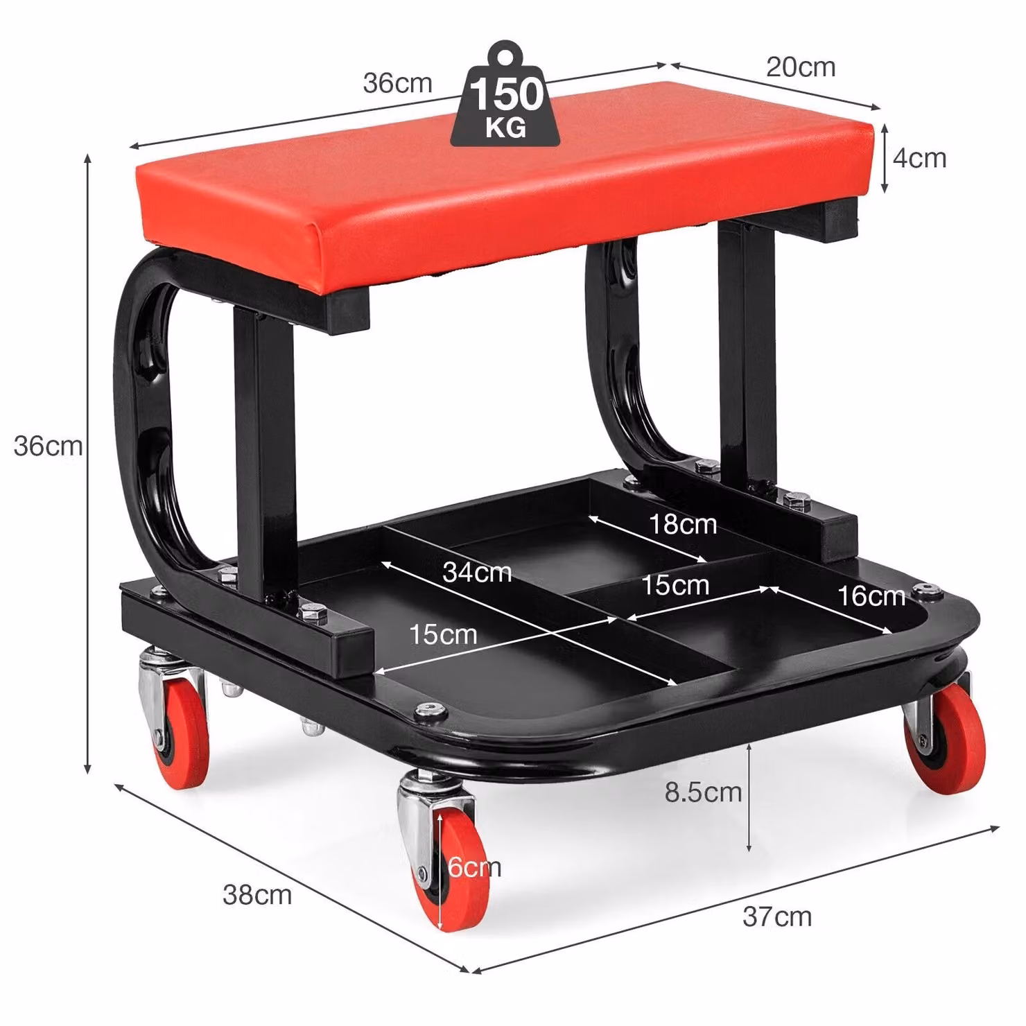 Gymax Rolling Creeper Garage Shop Seat with Tool Tray Storage, Red – 2