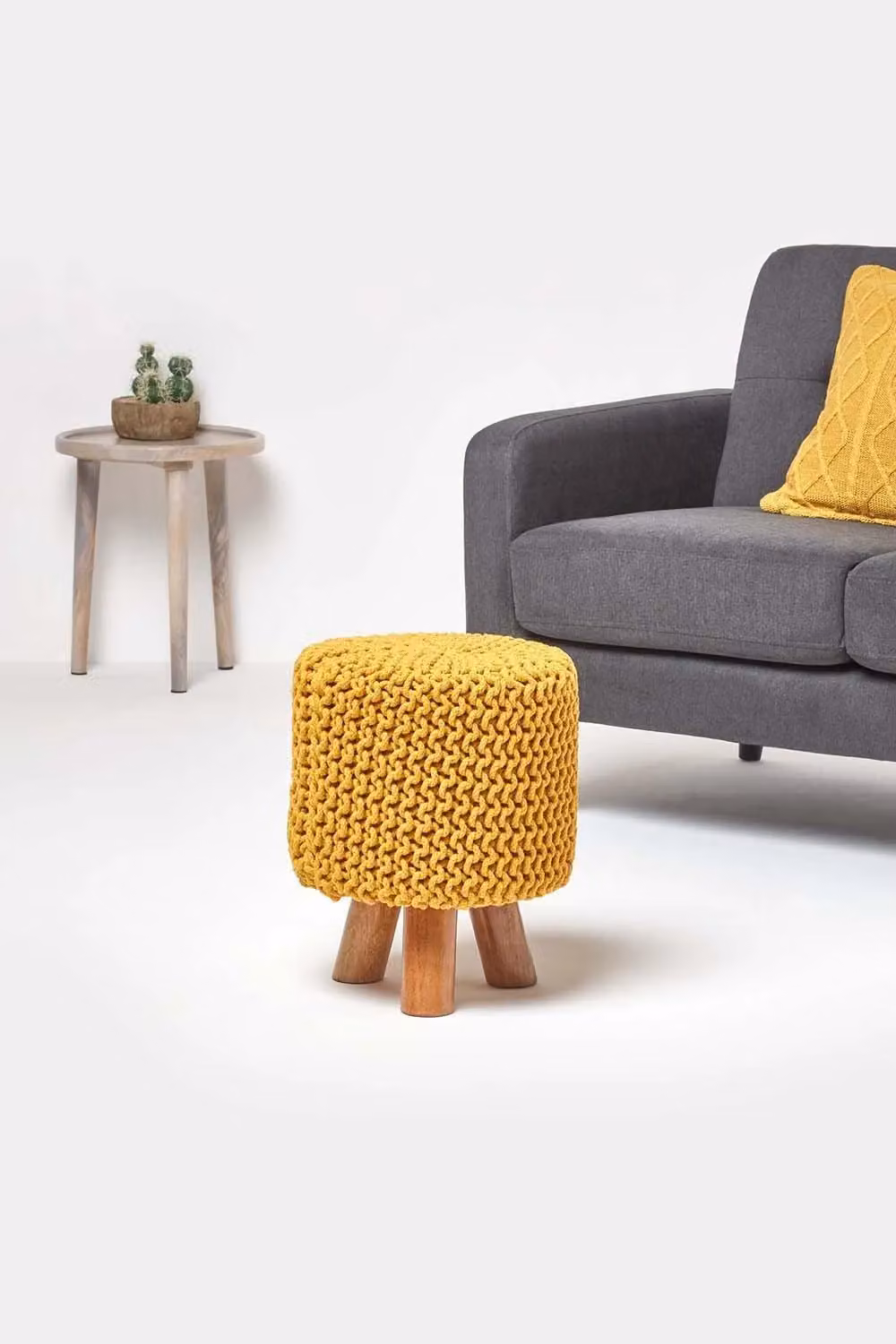 Homescapes Tall Cotton Knitted Footstool in Yellow – 2