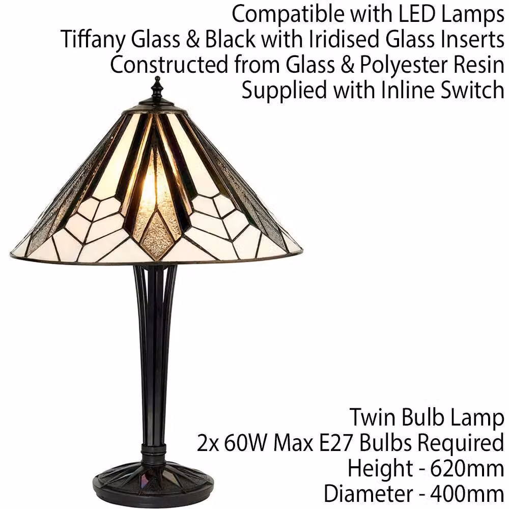Loops Tiffany Glass Table Lamp in Black with Art Deco Iridescent Textured Shade – 2