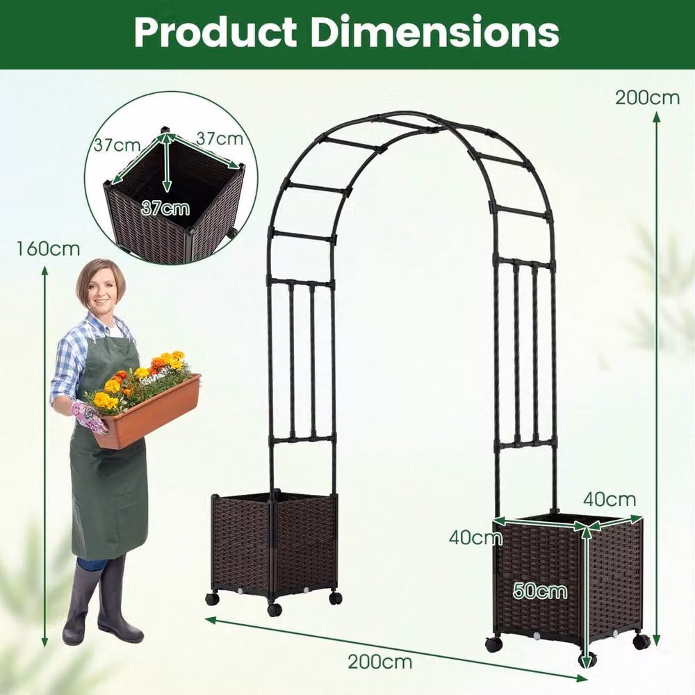 NESTLUNE Brown Metal Garden Arch Trellis with 2 Planter Boxes, Height: 200 cm – 2