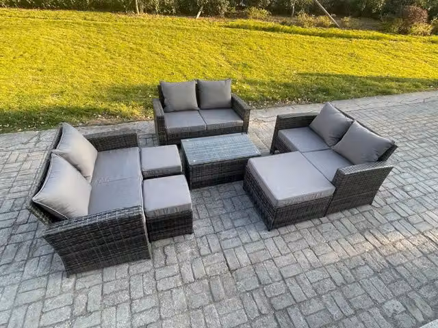 Fimous 7-Piece Rattan Garden Furniture Set with Double Sofa and 3 Footstools in Dark Grey