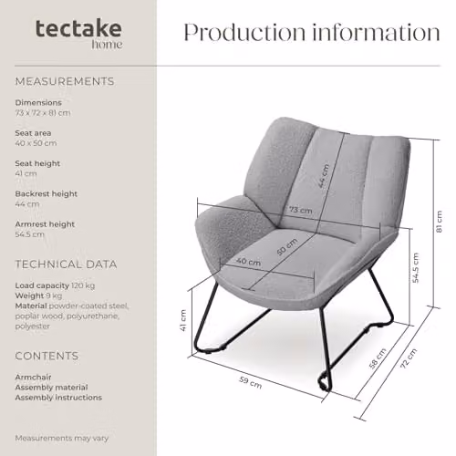 tectake Scandinavian Style Bouclé Fabric Armchair with Metal Frame in Grey – 2