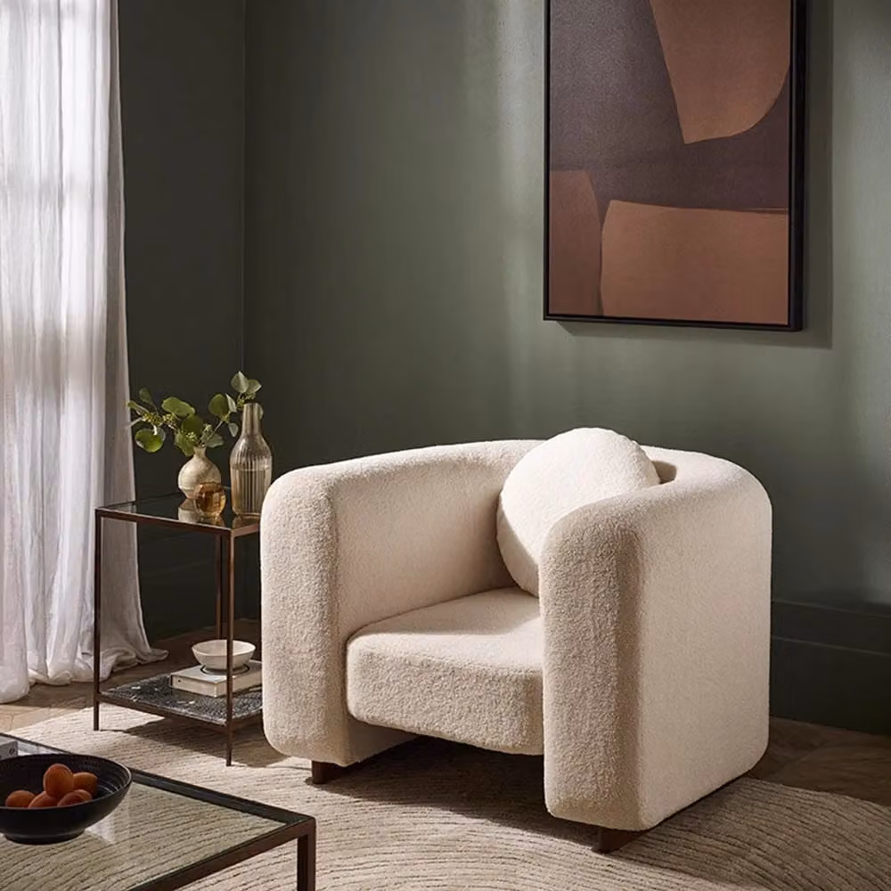 Atkin & Thyme Bonnie Curved Armchair in White Bouclé with Walnut Wood Legs