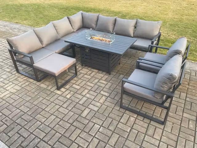 Fimous 10 Seater Aluminium Garden Furniture Set with Gas Fire Pit Dining Table, Sofa, 2 Chairs and Footstool in Dark Grey