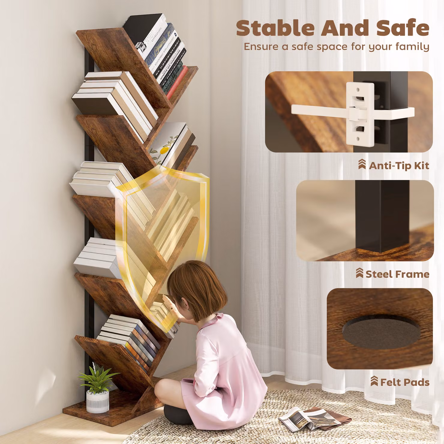 HOMCOM Eight-Section Tree Bookcase in Brown Wood-Effect with Eight Media Compartments – 4
