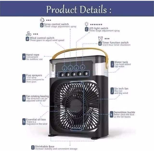 NESTLUNE Black 3-in-1 Portable Mini Air Cooler, Mist Fan and Humidifier