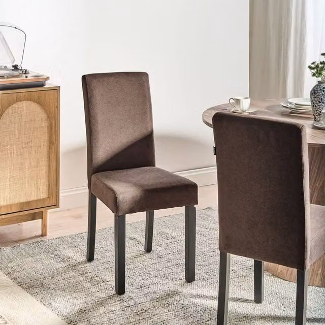 Wyld and Coco Set of 2 Brown Fabric Modern High Back Dining Chairs with Oiled Rubberwood Legs – 1