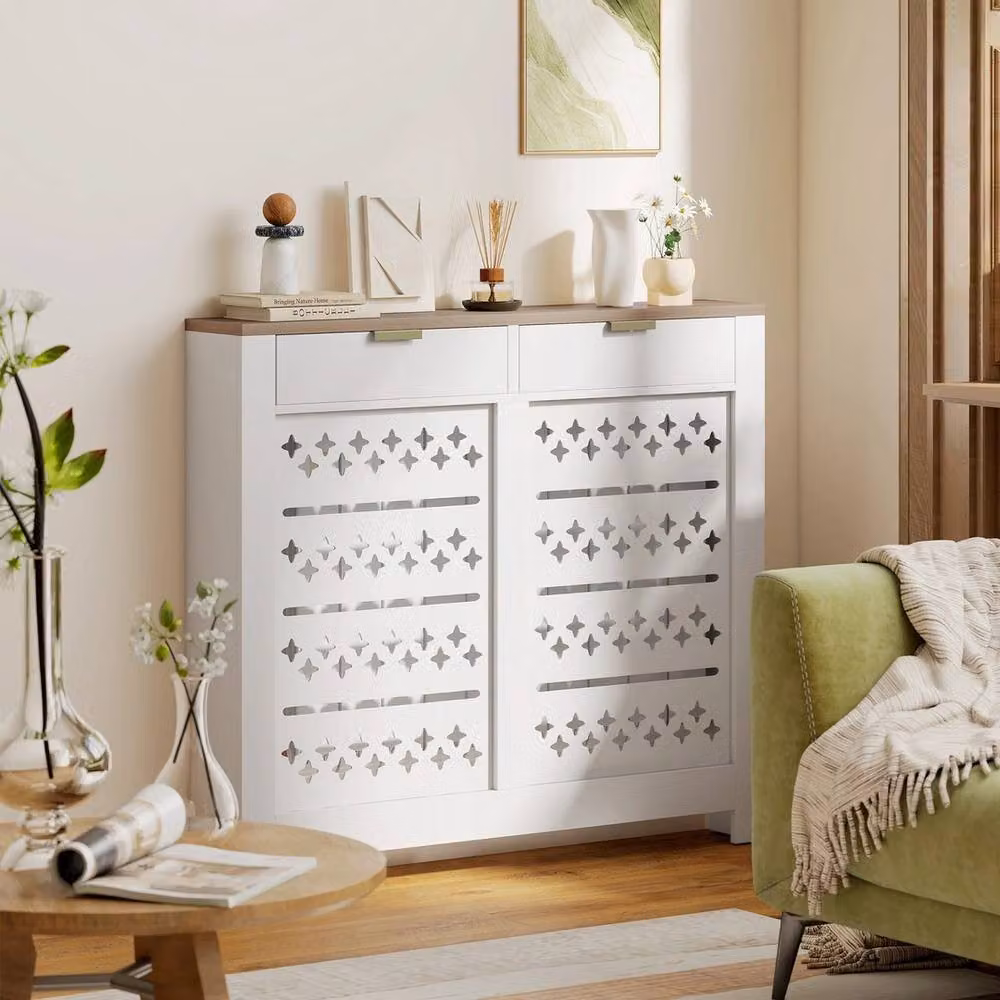 VOGREX Heater Cover with Flip Drawer and Top Shelf in White, W/D/H: 108 x 19 x 95.5 cm – 2