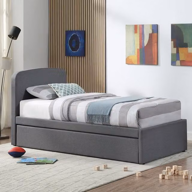 Home Treats Childrens Upholstered Trundle Pull Out Bed in Grey