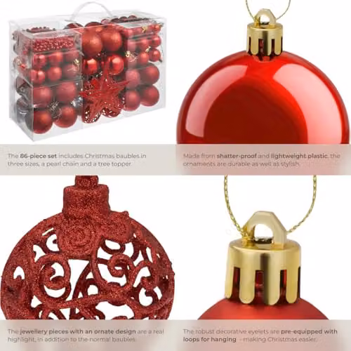 tectake 86-Pack Christmas Baubles Set with Star and String of Beads in Red and Gold – 5