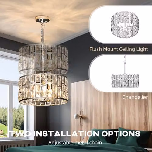HOMCOM Modern Silver Crystal Chandelier with Adjustable Height and 3-Light E14 Base – 3