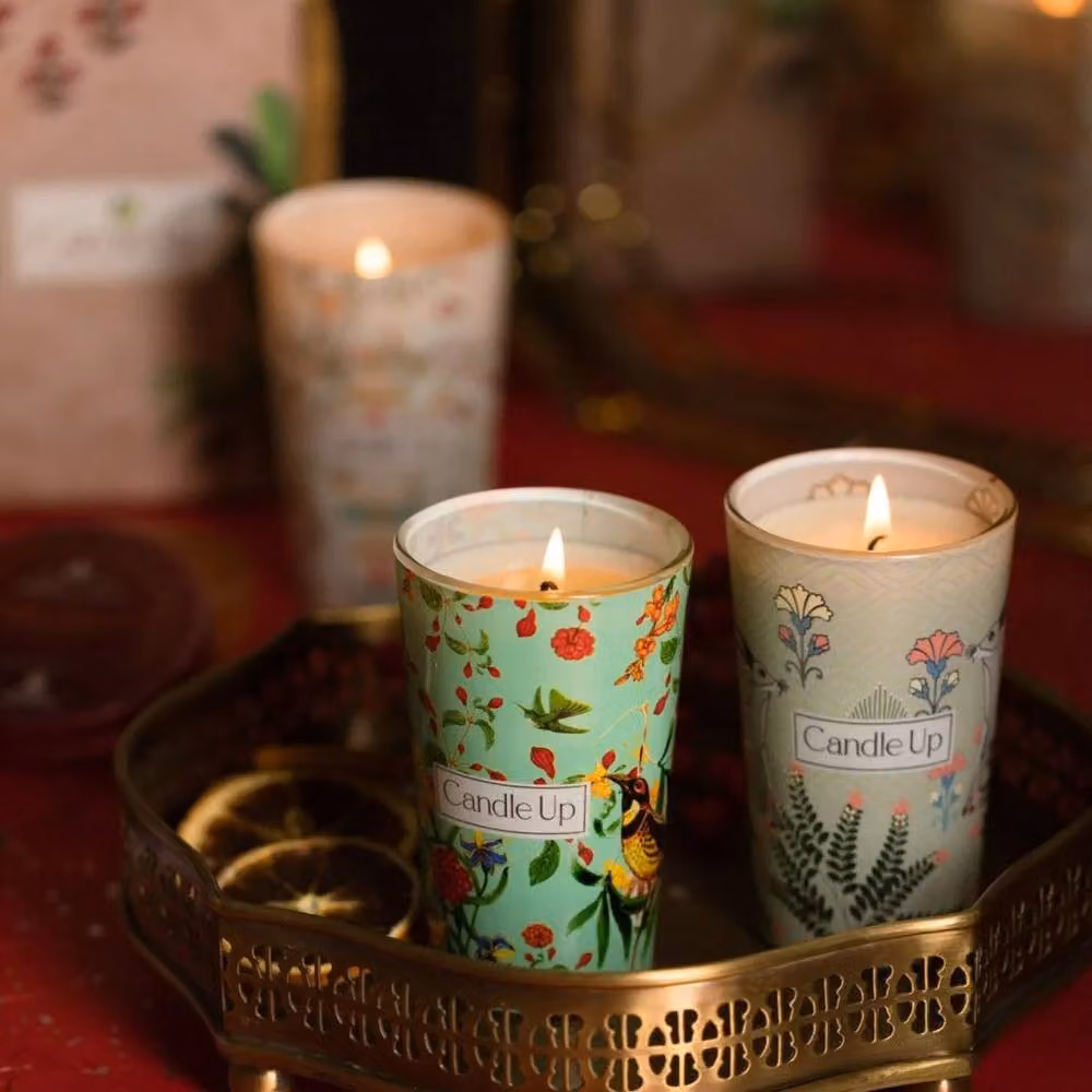 Candle Up Kohinoor and Chinaar Multicolour Floral Votive Candle Set in Gold Glass – 2