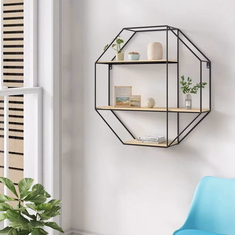 KORVIXA Octagon Metal and Wood Wall Mounted Floating Shelf in Black, W/H: 100 x 100 cm – 2