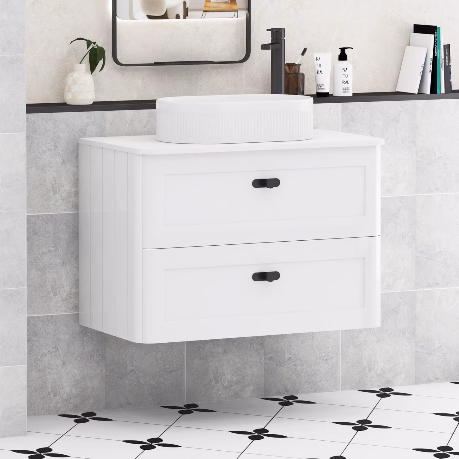 Royal Bathrooms Henley 800mm Gloss White Wall Hung 2 Drawer Vanity Unit with Lyon Basin and Matt Black Knob