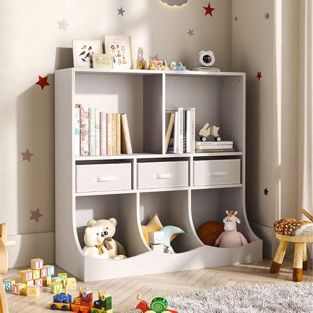 Livingandhome 3-Tier Open Style Childrens Toy and Book Storage Cabinet with 3 Drawers, White