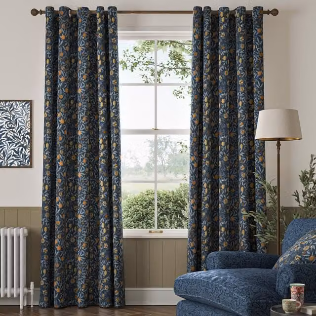 William Morris Fruit Velvet Made To Measure Floral Curtains in Midnight Blue