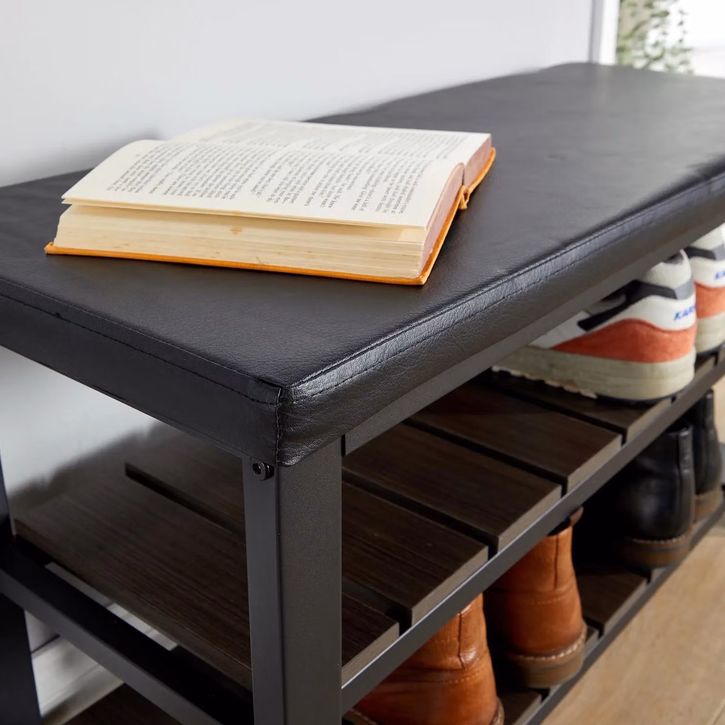 Home Source Spalding Black Metal and Wood Shoe Bench with Two Storage Shelves W/D/H: 81 x 32 x 46 cm – 2