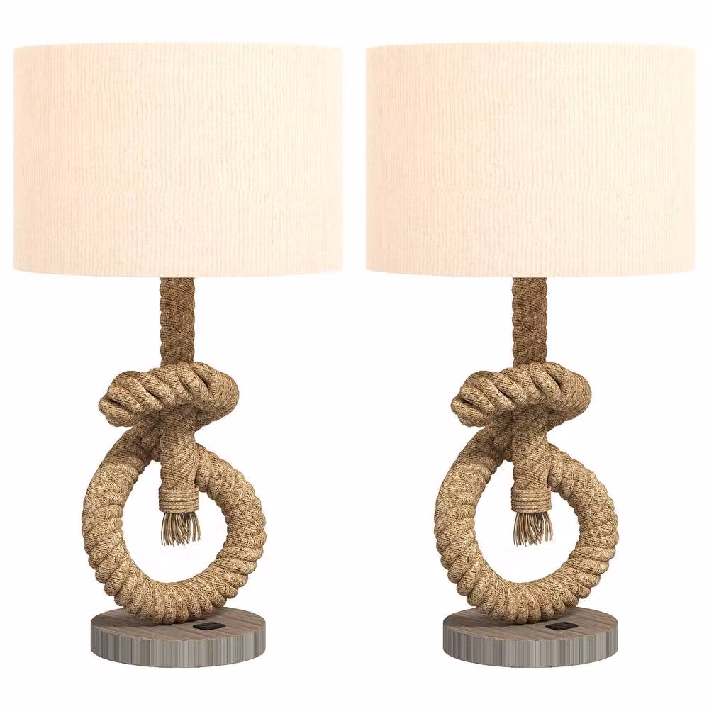 HOMCOM Set of 2 LED Nautical Table Lamps with USB Charging Port in Brown – 2
